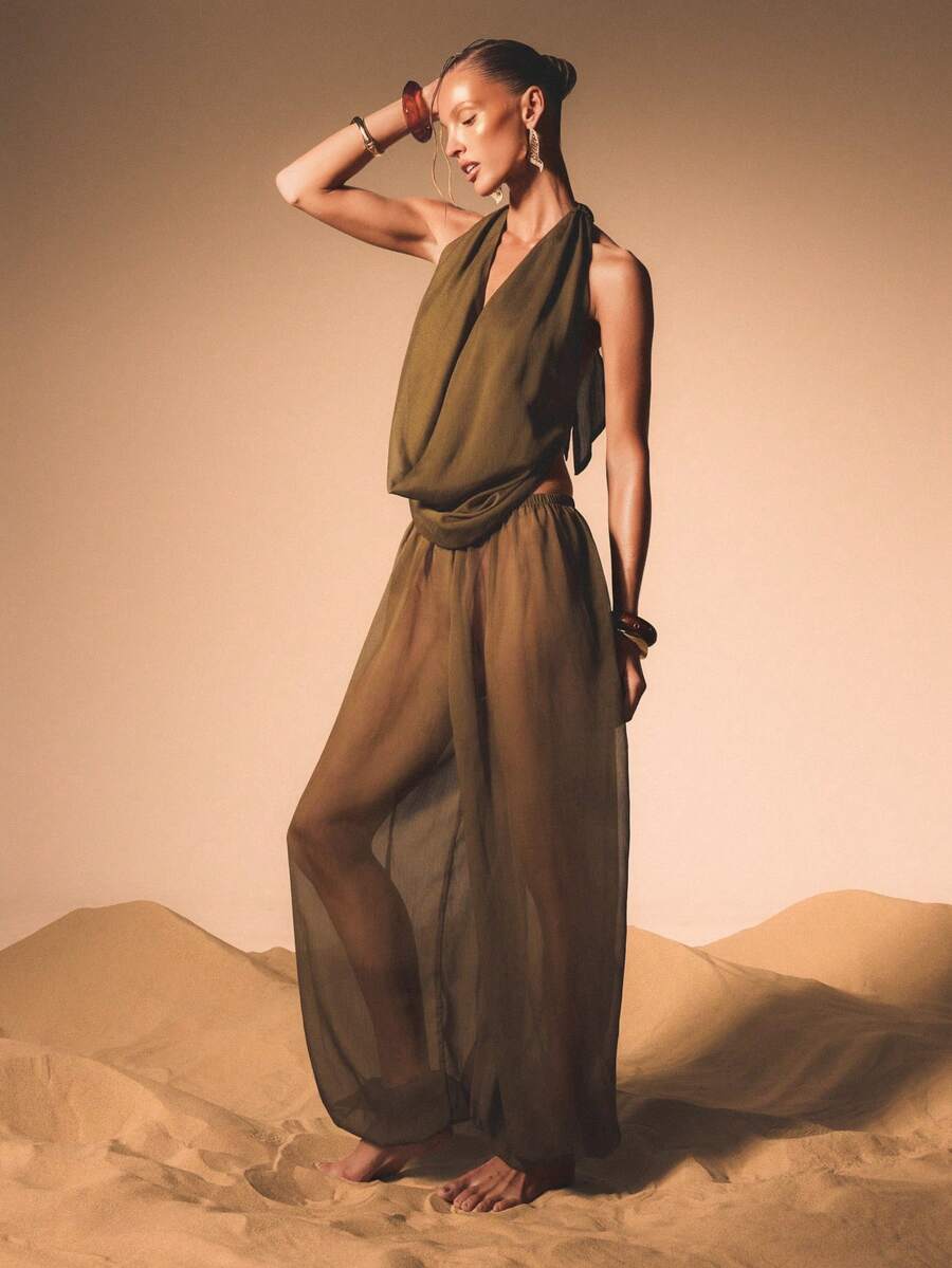 KIZN Pantalones anchos de pierna ancha tipo globo de gasa para mujer, de cintura alta, fluidos y casuales para el verano, con cintura elástica y estilo bohemio - Verde militar - Ver 1