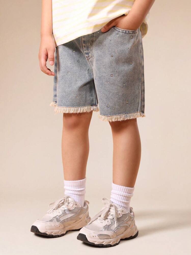 Boys Bleach Wash Denim Shorts With Frayed Hem And Rhinestone Decorations Summer Casual Jorts