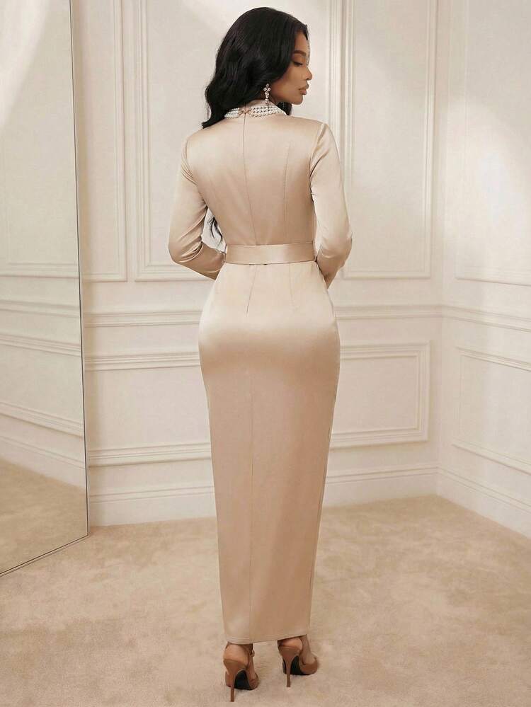 Women's Solid Color Notched Collar Split Design Elegant Waist Cinched Dress, Suitable For Commuting And Outings