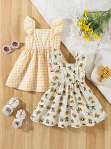 SHEIN Set de 2 vestidos de verano sin mangas con botones y estampado floral para niñas bebé - Amarillo - Ver 3