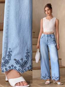 Selenza Women's Casual Everyday Denim Jeans With Pockets And Floral Embroidery Design - Blue - View 1