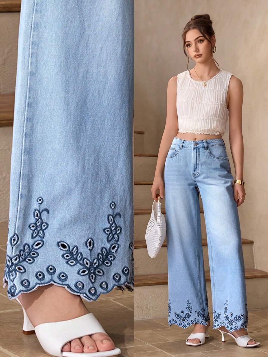Selenza Women's Casual Everyday Denim Jeans With Pockets And Floral Embroidery Design - Blue - View 1