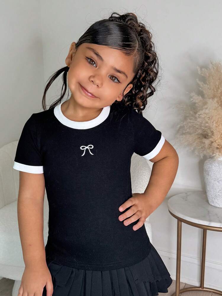 Young Girls Round Neck Knit Contrast Color Bow Embroidered Short Sleeve T-Shirt, Fall Clothes