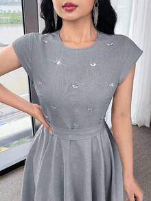 Feyla Women's Rhinestone Decor Asymmetric Hem Elegant Dress - Blue - View 2
