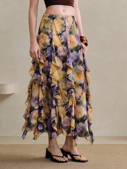 Arave Falda de gasa de talle alto con estampado floral romántico y dobladillo con volantes, elegante para citas