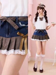 ROMWE Kawaii Falda vaquera mini plisada con lunares, linda y dulce para niñas - Azul lavado oscuro - Ver 1