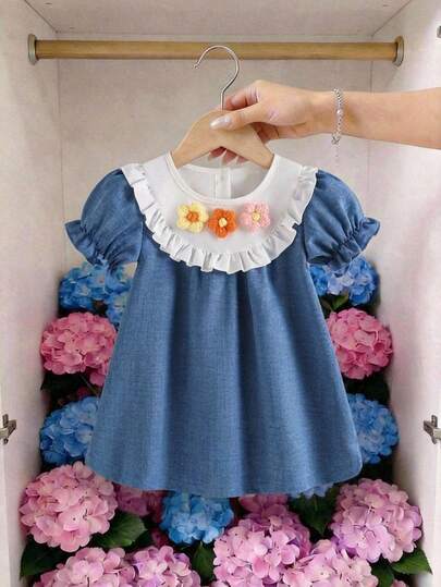 Vintaside Kids Vestido de niña pequeña para primavera/verano con cuello redondo, manga corta, bordado floral, colores suaves, estilo elegante, patrón delicado, silueta ajustada, adecuado para salidas diarias, uso casual y crear looks dulces para fiestas.