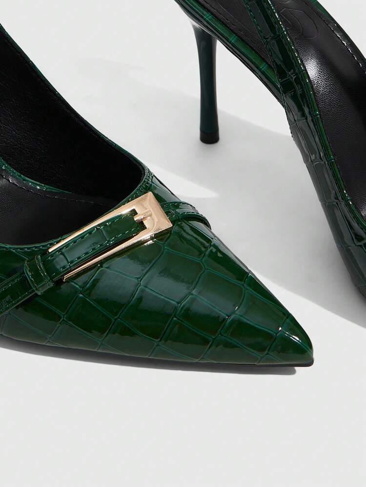 CUCCOO SZL Women Shoes Four Seasons New Crocodile Pattern Large Button Pointed Stiletto Sandals, Metal Button Backspace Commuter High Heel Shoes, Workplace Versatile Women's Shoes