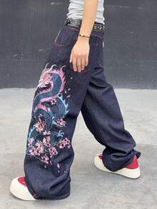 Manfinity EMRG Quần jeans ống rộng nam dáng casual in hình rồng, đã qua xử lý giặt. - Rửa tối - Xem 5