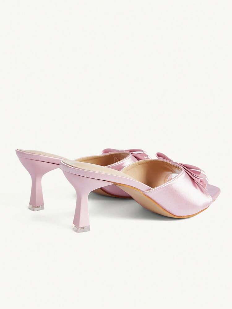 CUCCOO CHICEST Pink Satin Bow High Heel Square Toe Thin Heel Outer Wear Elegant Banquet Sandals Wedding Shoes Spring Shoes Bride Shoes