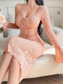 DAZY Women's Elegant Lace Square Collar Flare Sleeve Mid-Length Dress, Spring/Summer - Pink - View 3