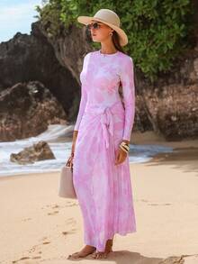 Swim Shayni Women's 3-Piece Set: Pink Floral Print Long Sleeve Half-Zip Jumpsuit, Pale Pink Pants, And Mesh Maxi Skirt Burkini - Multicolor - View 5