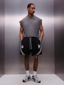 PLAYBOY X SUMWON Quần short bóng rổ nam có dây rút, phối sọc bên hông và viền tương phản, thích hợp mặc hàng ngày vào mùa hè. - màu đen - Xem 3
