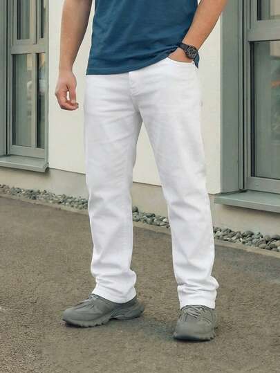 Manfinity Homme 大码男士纯色休闲直筒牛仔裤，带口袋，纯色长款水洗白色工装牛仔裤，轻便牛仔裤，适合送给丈夫、男朋友的礼物