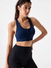 1 pieza Sujetador deportivo sin costuras con relleno y cierre delantero en azul para damas de EMUPER - Azul Marino - Ver 8