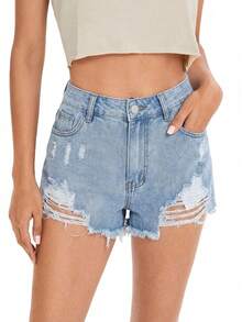 Rivivi 女士休闲做旧口袋纽扣毛边牛仔短裤，日常百搭 - 藍色 - 查看 3