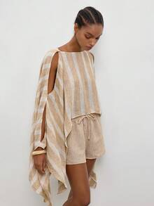 Maija Women's Striped Shawl Top With Split Cuffs, Beaded Decor, Elastic Waist Shorts With Drawstring, 2 Pieces Set, Autumn Elegant Casual Beach Khaki - Khaki - View 6