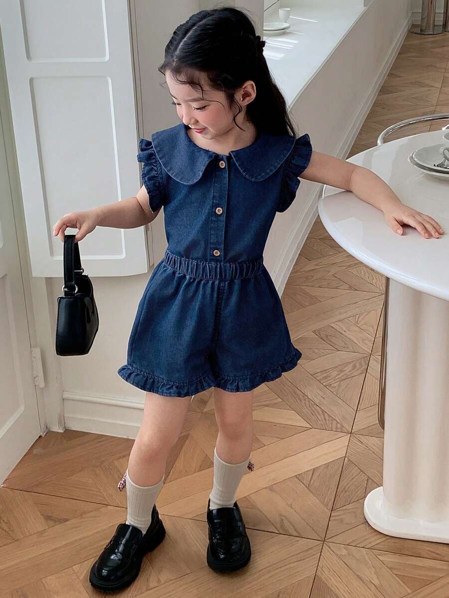 DAZY Young Girl Doll Face Cap Sleeve Denim Top And Shorts 2-Piece Set, Fall - Blue - View 1