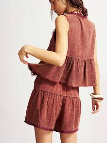 Bohemela Bộ đồ nữ thường ngày gồm áo hai dây màu trơn dệt kim, kiểu dáng hở phía trước và quần short rộng viền ren, thích hợp cho kỳ nghỉ hè, đi biển, đi chơi, bộ đồ thường ngày cho nữ. - Bụi hồng - Xem 7