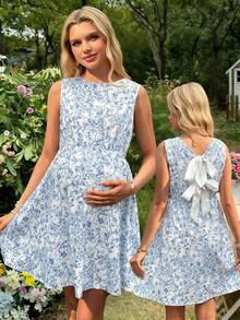 SHEIN Floral Sleeveless Backless Bow Decor Maternity Dress, Summer - Blue - View 1