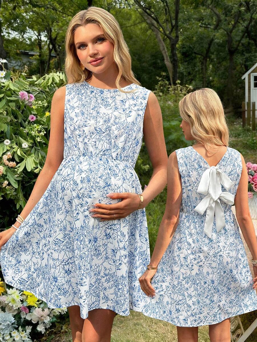 SHEIN Floral Sleeveless Backless Bow Decor Maternity Dress, Summer - Blue - View 1