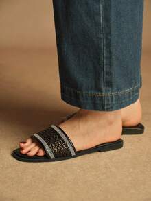 Rosivie Women's Rhinestone Hollow Strap Casual Comfortable Flat Sandals, Square Toe Design For Commuting - Black - View 2
