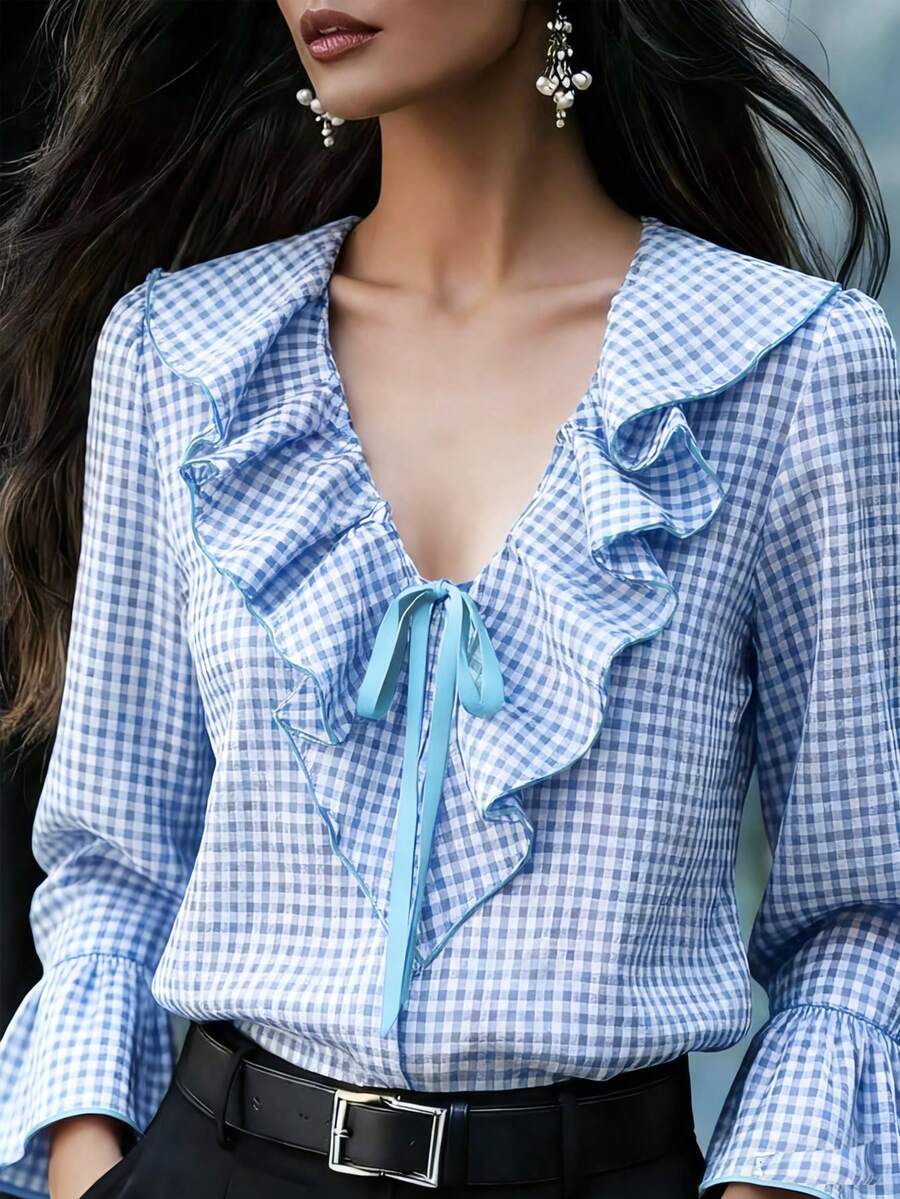 Pariaura 2025秋季新款女士V领系带格纹叠层装饰衬衫，法式优雅套头衫，长袖弹力荷叶边袖口，适合工作和休闲场合，女士秋冬新款时尚衬衫 - 藍色 - 查看 1