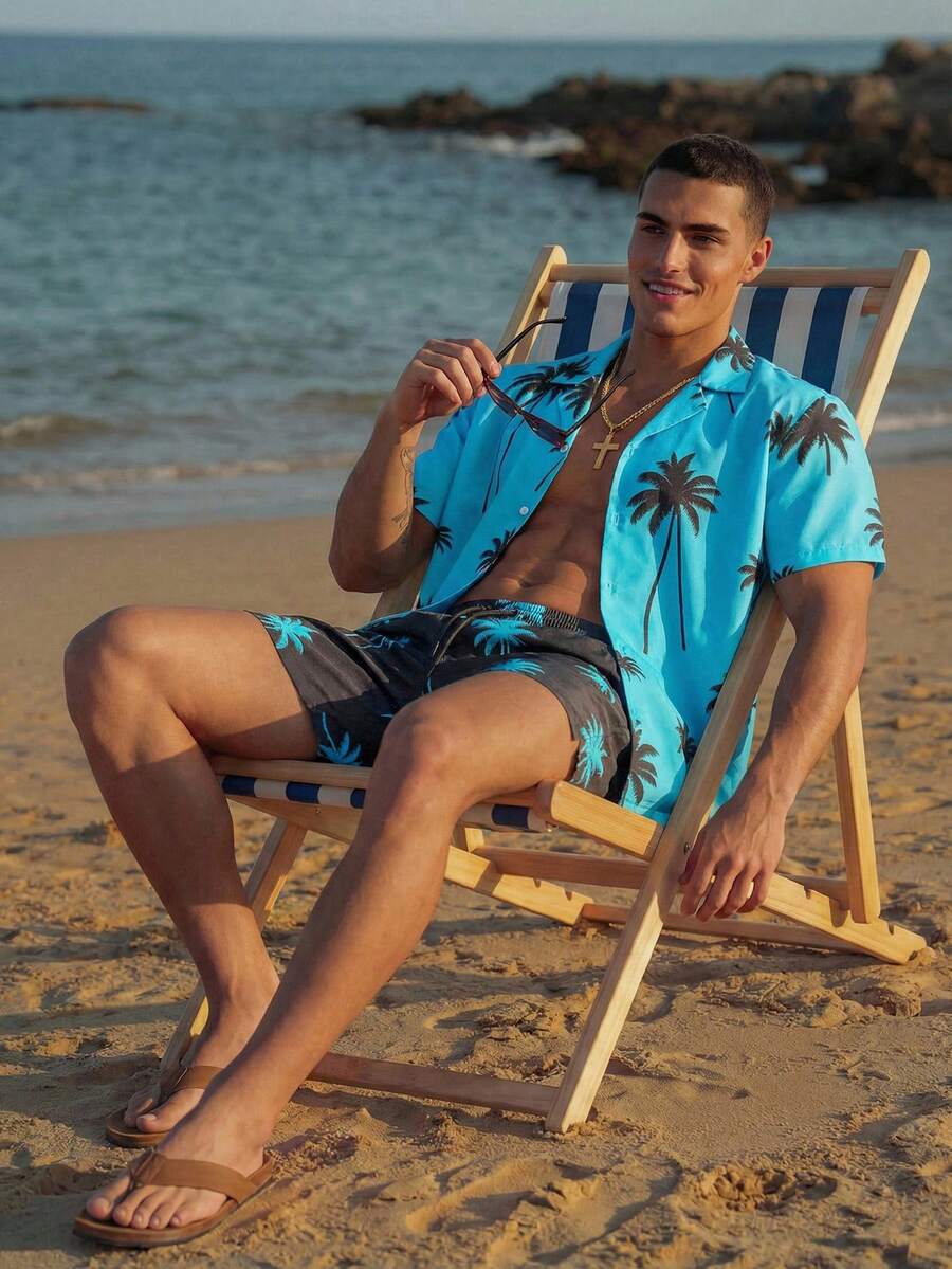 Manfinity EZcore Plus Size Men Palm Tree Print Shirt And Shorts Beach Suit, Hawaiian Beach Shirts Plus Size Men Hawaiian Shirts For Men, Men's Hawaiian Print Shirt, Men's Beach Outfit Set, Men's Vacation Outfit Set, Men's Plus Size Vacation Set - Mint Blue - View 1