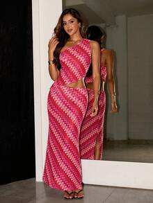 SHEIN ICON Women's Striped Mermaid Hem Fitted Skirt - Red - View 3