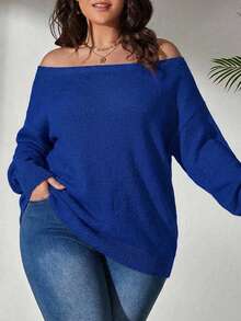 EURMUSE Plus Solid Off Shoulder Sweater Off Shoulder Sweateroff The Shoulder Sweateroff Shoulder Jumperoff The Shoulder Jumper - Blue - View 3