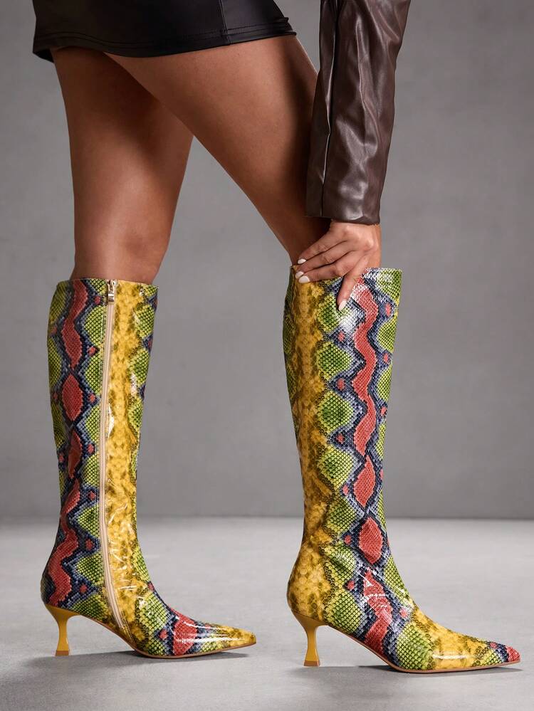 CUCCOO SZL Women's Fashion Pointed Toe Snakeskin Pattern Minimalist Elegant Versatile Side Zipper Stiletto Knee-High Boots For Christmas Spring Shoes