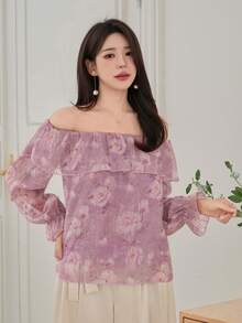 DAZY Women's Elegant Floral Off-Shoulder Ruffle Hem Blouse, Spring/Summer - Purple - View 7
