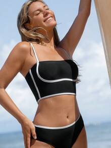 Swim SPRTY 女士纯色简约休闲夏季沙滩运动冲浪泳衣上装，黑白泳衣收腹泳衣，情人节女士泳衣上装 - 黑色 - 查看 1