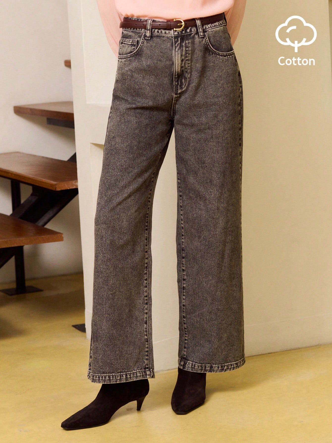 Jeans à jambes larges taille basse lavés noir, style décontracté quotidien, style parisien à la française