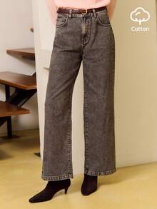 lacRébo Quần jeans ống rộng cạp thấp màu đen bạc, kiểu dáng thường ngày phong cách Pháp. - màu đen - Xem 1