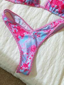 Swim Mod Set de 2 piezas de bikini de tiras finas y corte alto con estampado aleatorio para mujer en verano - Multicolor - Ver 7