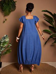 Maweii Plus Size Women's Elegant Casual Versatile Solid Color Fabric Dress With Ruffle Hem, Functional Pockets, Suitable For Casual Outings, Sisters' Afternoon Tea, Casual Daily Wear, Spring/Summer - Blue - View 3