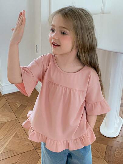 DAZY 女童纯色圆领荷叶袖宽松休闲T恤