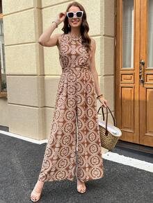 Solivie Bộ jumpsuit nữ thanh lịch hở lưng, dáng rộng, in họa tiết phối màu, thích hợp cho kỳ nghỉ. - Rỉ Nâu - Xem 7