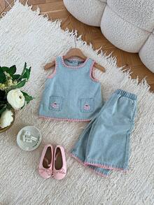 Dazy Kids Pakaian Kasual Musim Panas untuk Anak Perempuan: Atasan Kerah Bulat dengan Blok Warna dan Celana Jeans Lebar - Light Wash - View 2