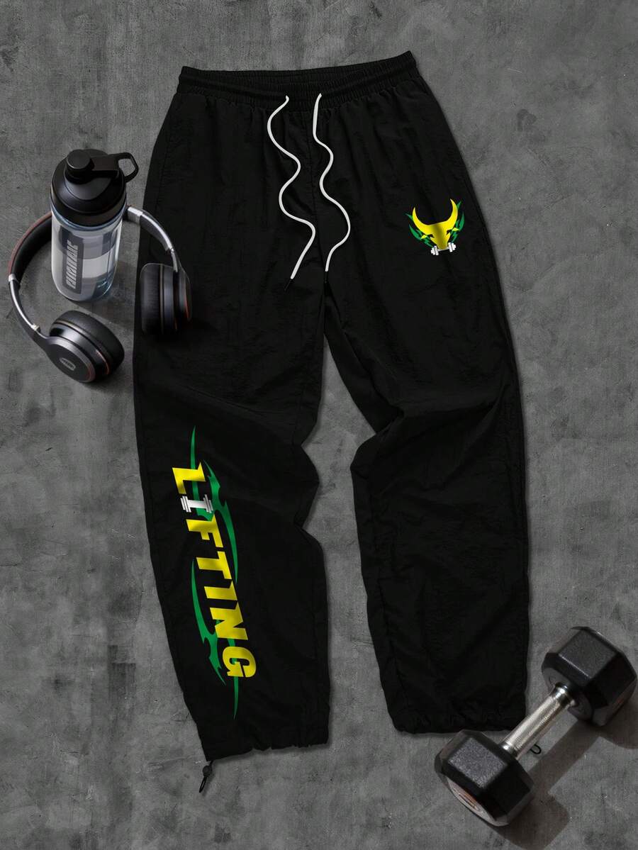 Sport MetroGents 男士字母印花抽绳腰宽松运动裤 - 黑色 - 查看 1