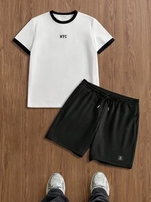 SWAVVY Men's Letter Print Round Neck Short Sleeve T-Shirt And Drawstring Waist Shorts Casual Set, Mens Casual Short Set - Black and White - View 6