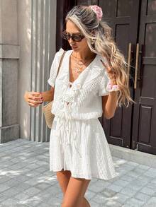SHEIN PariChic Women's New V-Neck Ruffle Front Drawstring Tie Waist Short Sleeve Top + Short Skirt 2-Piece Set, Casual White Dress, White Linen Dress, Summer Casual Dress, Short Sleeve Summer Dress - White - View 5