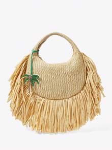 Viva Strut 1 chiếc túi xách nữ, túi cói, túi đan bằng rơm, có tua rua, mặt dây chuyền hình cây dừa đính đá và hạt cườm màu xanh lá cây, thời trang, thanh lịch, đơn giản, cá tính, đa năng, thích hợp cho bãi biển, kỳ nghỉ, mùa hè, ven biển, tiệc bãi biển, lễ hội âm nhạc. - Màu Khaki - Xem 1