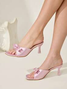 CUCCOO CHICEST Pink Satin Bow High Heel Square Toe Thin Heel Outer Wear Elegant Banquet Sandals Wedding Shoes Spring Shoes Bride Shoes - Pink - View 5