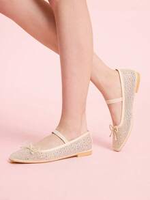 CUCCOO DOLLMOD 女士鞋履 春夏时尚 米色全菱格网纱小蝴蝶结松紧带女士平底鞋 优雅舒适透气可爱甜美玛丽珍平底鞋 - 米白色1 - 查看 6