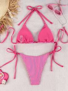 Swim Mod New Crinkle Striped Blue & White Spaghetti Strap Twist Side High Cut Bikini 2 Pieces Swimwear Set For Women, Beach & Resort Beach Bikini Vacation Bikini Tie Bikini Tanning Bikini - Hot Pink - View 3