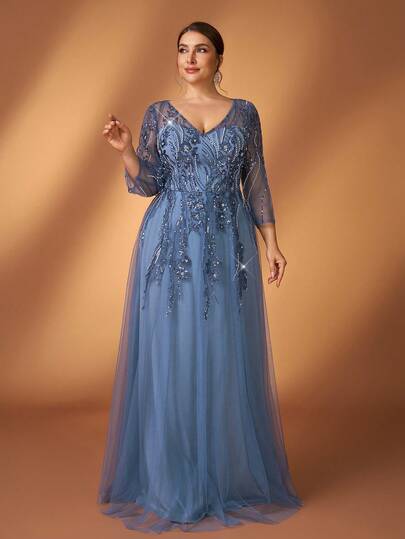 Serin Plus Size Elegant Luxurious Blue Sequin Embroidered Mesh Patchwork V-Neck 3/4 Sleeve Flared Hem Dress, Suitable For Evening Party, Gala, Music Festival, Wedding, Mother Of The Bride