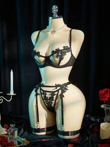 SpicyHot Bộ 5 món đồ lót ren hoa khoét lỗ cực kỳ gợi cảm dành cho nữ - màu đen - Xem 8