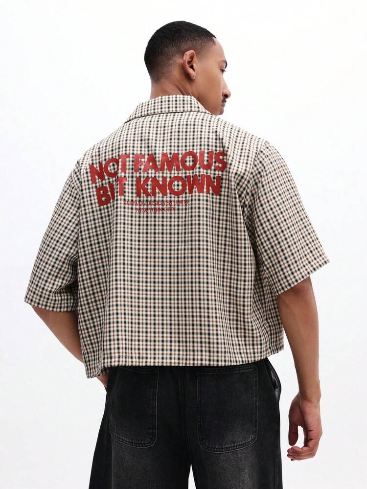 Męska koszula w kratkę Gingham z krótkim rękawem i guzikami, z nadrukiem na plecach, z krótkim rękawem i kołnierzykiem, w stylu casualowym na wiosnę i lato
